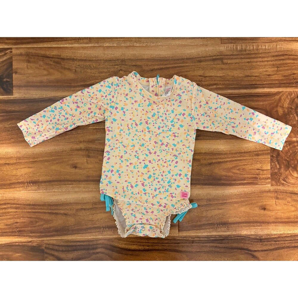 RuffleButts Long Sleeve Rash Guard Swimsuit, Confetti Beach, Size 2T